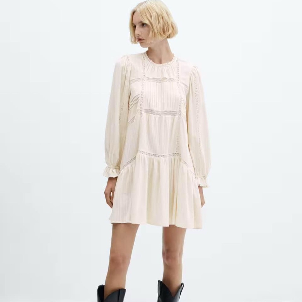 Mango Cream Ruffled Tiered Sundress with Bishop Sleeves